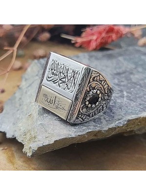 Takılingo 925 Ayar Gümüş Kelime-I Tevhid ve Hasbiyallah Yazılı Kalem Işlemeli Erkek Yüzük