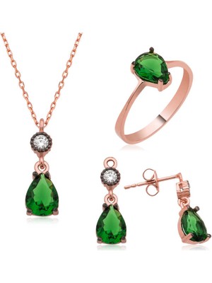 Fm Gümüş Yeşil Damla Taşlı Bayan Set