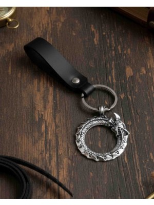 BSN Store Gerçek Deri Anahtarlık Kendini Yiyen Yılan Tasarım Siyah Hakiki Deri Anahtarlık Hediye Anahtarlık