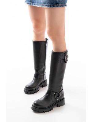 Zerenyus ZRİN-3026 Premium Siyah Toka Aksesuarlı Fermuarlı Günlük Kadın Çizme