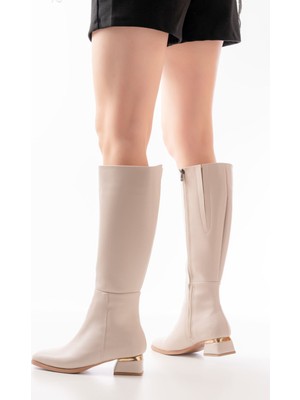 Zerenyus ZRİN-505 Premium Bej Topuklu Fermuarlı Günlük Kadın Çizme