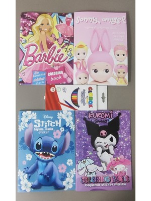 Ada Çanta Kırtasiye 4 Adet Stickerli Boyama Kitabı ve 12'li Kuru Boya Kalemi (Barbi/sonny Angel/stitch/kuromi )