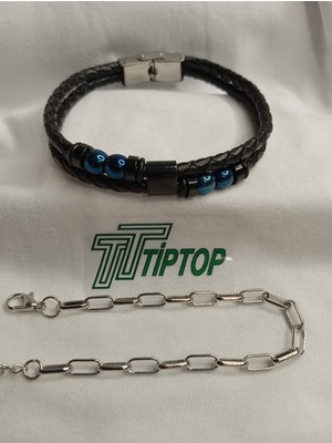 Tiptop/ Siyah Deri Taşlı Çelik Tokalı - Gümüş Renk Ataç Zincir Bileklik Set