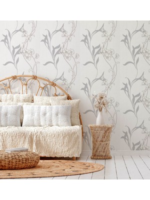 Teodora Gri Krem Çiçekler Ucuz Duvar Kağıdı 53721