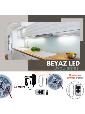 Amber LED 12V Yüksek Parlaklık 4040 Şerit LED Tak Çalıştır Hazır Set, 2,5 Metre Beyaz, Kumandalı Aç-Kapa Dimmer ve Adaptör Dahil, Gizli Aydınlatma, Mutfak, Tezgah, Dolap Içi ve Ayna Için