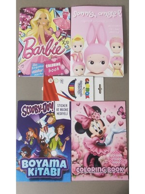 Ada Çanta Kırtasiye 4 Adet Stickerli Boyama Kitabı ve 12'li Kuru Boya Kalemi (Barbi/sonny Angel/minnie/scoobydoo )