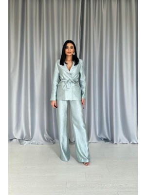 Etiler Collection Mint Beli Kuşaklı Ceket ve Pantolon Parlak Takım