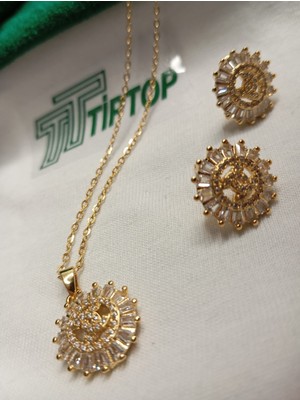 Tiptop/ Gold Renk Zirkon Taşlı Güneş Model Kolye ve Küpe Set