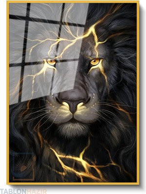 Tablonhazır Dikey Çerçeveli Cam Siyah Aslan Modern Ev Dekoru Duvar Sanatı Ev Ofis Tablosu