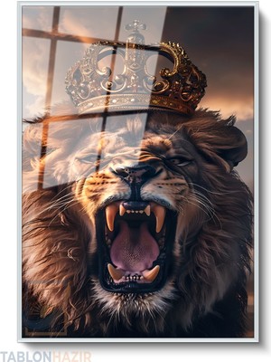 Tablonhazır Dikey Çerçeveli Cam Aslan Kral Modern Ev Dekoru Duvar Sanatı Ev Ofis Tablosu