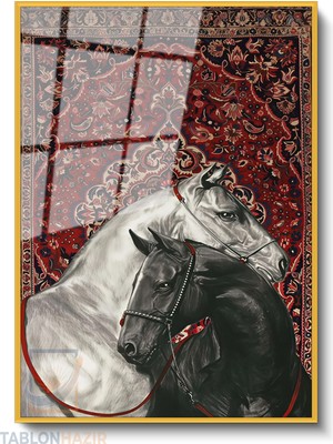 Tablonhazır Dikey Çerçeveli Cam Siyahbeyaz At Hali Modern Ev Dekoru Duvar Sanatı Ev Ofis Tablosu