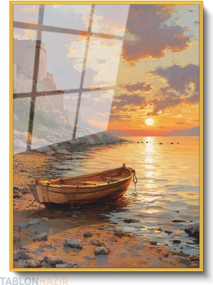 Tablonhazır Dikey Çerçeveli Cam Gunbatimi ve Kayik Modern Ev Dekoru Duvar Sanatı Ev Ofis Tablosu