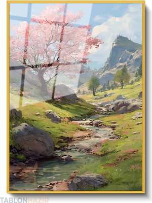 Tablonhazır Dikey Çerçeveli Cam Akarsu Dag Modern Ev Dekoru Duvar Sanatı Ev Ofis Tablosu