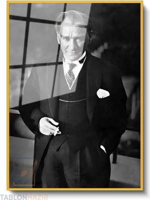 Tablonhazır Dikey Çerçeveli Cam Klasik Takim Elbesili Ataturk Modern Ev Dekoru Duvar Sanatı Ev Ofis Tablosu