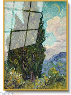 Tablonhazır Dikey Çerçeveli Cam Vangogh Cypresses Modern Ev Dekoru Duvar Sanatı Ev Ofis Tablosu