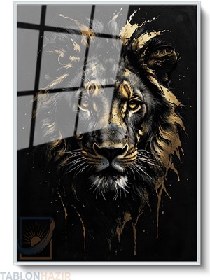 Tablonhazır Dikey Çerçeveli Cam Aslan Cizimi Modern Ev Dekoru Duvar Sanatı Ev Ofis Tablosu