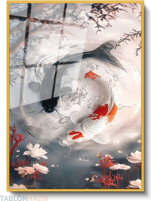 Tablonhazır Dikey Çerçeveli Cam Balik Ying Yang Modern Ev Dekoru Duvar Sanatı Ev Ofis Tablosu