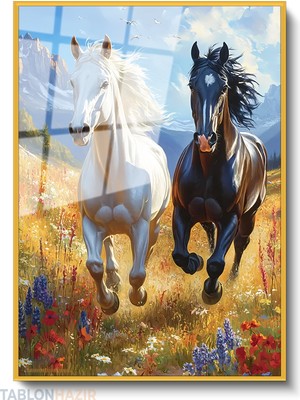 Tablonhazır Dikey Çerçeveli Cam Siyah Beyaz Kosan Atlar Modern Ev Dekoru Duvar Sanatı Ev Ofis Tablosu