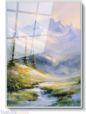 Tablonhazır Dikey Çerçeveli Cam Dag ve Irmak Modern Ev Dekoru Duvar Sanatı Ev Ofis Tablosu