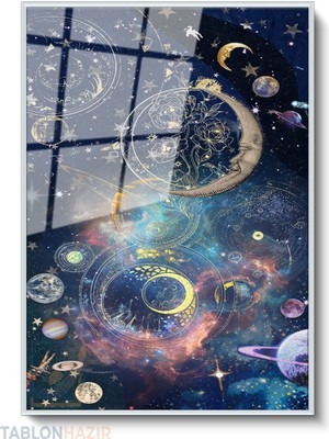 Tablonhazır Dikey Çerçeveli Cam Galaksi Cizim Modern Ev Dekoru Duvar Sanatı Ev Ofis Tablosu