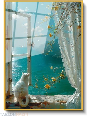 Tablonhazır Dikey Çerçeveli Cam Camdaki Kedi Manzara Modern Ev Dekoru Duvar Sanatı Ev Ofis Tablosu