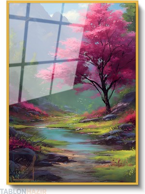 Tablonhazır Dikey Çerçeveli Cam Pembe Agac Irmak Modern Ev Dekoru Duvar Sanatı Ev Ofis Tablosu