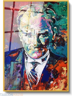 Tablonhazır Dikey Çerçeveli Cam Renkli Ataturk Portre Modern Ev Dekoru Duvar Sanatı Ev Ofis Tablosu