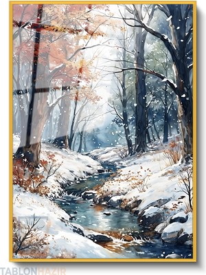 Tablonhazır Dikey Çerçeveli Cam Nehir ve Karliorman Modern Ev Dekoru Duvar Sanatı Ev Ofis Tablosu