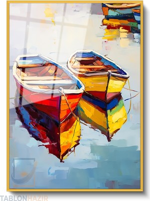Tablonhazır Dikey Çerçeveli Cam Kirmizi Sari Kayiklar Modern Ev Dekoru Duvar Sanatı Ev Ofis Tablosu