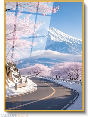 Tablonhazır Dikey Çerçeveli Cam Fujiye Giden Yol Modern Ev Dekoru Duvar Sanatı Ev Ofis Tablosu