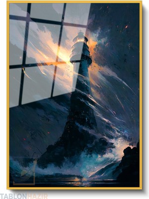 Tablonhazır Dikey Çerçeveli Cam Firtinali Okyanus Deniz Feneri Modern Ev Dekoru Duvar Sanatı Ev Ofis Tablosu