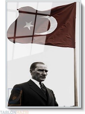 Tablonhazır Dikey Çerçeveli Cam Bayrak ve Ataturk Modern Ev Dekoru Duvar Sanatı Ev Ofis Tablosu