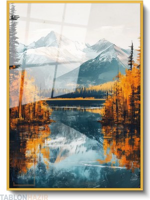 Tablonhazır Dikey Çerçeveli Cam Gol ve Dag Manzarasi Modern Ev Dekoru Duvar Sanatı Ev Ofis Tablosu