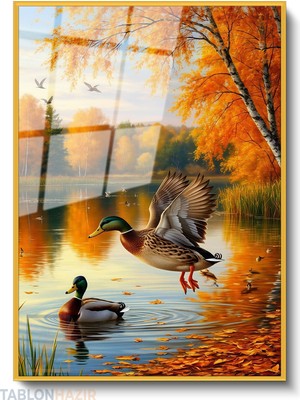 Tablonhazır Dikey Çerçeveli Cam Goldeki Ordekler Modern Ev Dekoru Duvar Sanatı Ev Ofis Tablosu