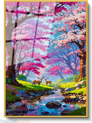Tablonhazır Dikey Çerçeveli Cam Pembe Agac Geyik Modern Ev Dekoru Duvar Sanatı Ev Ofis Tablosu