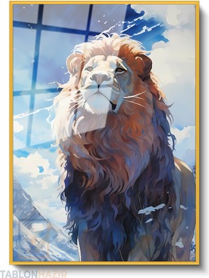Tablonhazır Dikey Çerçeveli Cam Aslan7 Modern Ev Dekoru Duvar Sanatı Ev Ofis Tablosu
