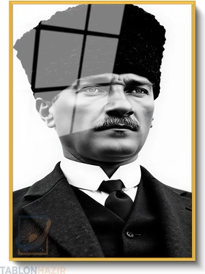Tablonhazır Dikey Çerçeveli Cam Sb Kalpaklı Ataturk Modern Ev Dekoru Duvar Sanatı Ev Ofis Tablosu