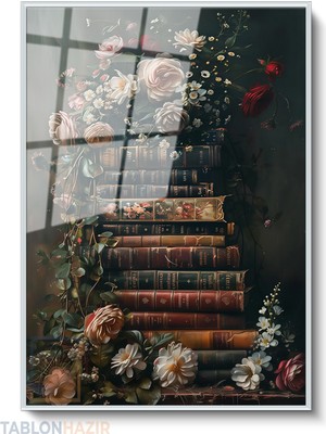 Tablonhazır Dikey Çerçeveli Cam Kanvas Kitaplarçiçek Modern Ev Dekoru Duvar Sanatı Ev Ofis Tablosu