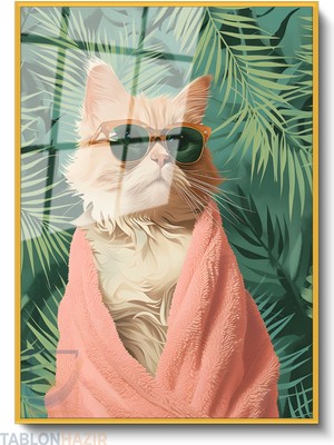 Tablonhazır Dikey Çerçeveli Cam Gozluklu Kedi Karizmatik Modern Ev Dekoru Duvar Sanatı Ev Ofis Tablosu
