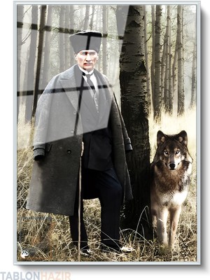 Tablonhazır Dikey Çerçeveli Cam Ataturk ve Kurt Modern Ev Dekoru Duvar Sanatı Ev Ofis Tablosu