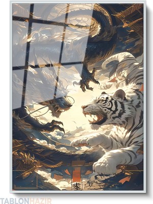 Tablonhazır Dikey Çerçeveli Cam Ejderha ve Kaplan Modern Ev Dekoru Duvar Sanatı Ev Ofis Tablosu