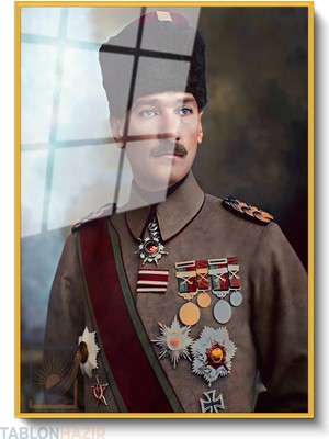 Tablonhazır Dikey Çerçeveli Cam Ataturk Uniformalı Rozetli Modern Ev Dekoru Duvar Sanatı Ev Ofis Tablosu