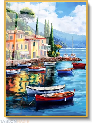Tablonhazır Dikey Çerçeveli Cam Tekneler Manzara Modern Ev Dekoru Duvar Sanatı Ev Ofis Tablosu