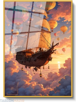 Tablonhazır Dikey Çerçeveli Cam Ucan Gemi Balonlar Modern Ev Dekoru Duvar Sanatı Ev Ofis Tablosu
