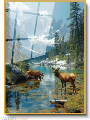 Tablonhazır Dikey Çerçeveli Cam Geyik Manzara Modern Ev Dekoru Duvar Sanatı Ev Ofis Tablosu