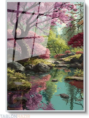 Tablonhazır Dikey Çerçeveli Cam Orman Su Modern Ev Dekoru Duvar Sanatı Ev Ofis Tablosu