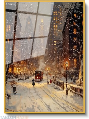 Tablonhazır Dikey Çerçeveli Cam Karlı Sehir Modern Ev Dekoru Duvar Sanatı Ev Ofis Tablosu