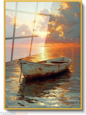 Tablonhazır Dikey Çerçeveli Cam Gunbatimi Kayik Modern Ev Dekoru Duvar Sanatı Ev Ofis Tablosu