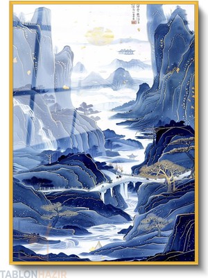Tablonhazır Dikey Çerçeveli Cam Mavi Japon Manzara Modern Ev Dekoru Duvar Sanatı Ev Ofis Tablosu
