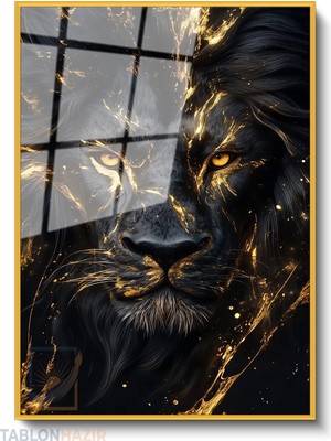 Tablonhazır Dikey Çerçeveli Cam Siyah Aslan 3 Modern Ev Dekoru Duvar Sanatı Ev Ofis Tablosu
